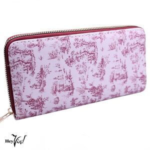 Red Toile Print Zip Wallet Clutch Easy to Hold and Carry 8 x4" - Hey Viv